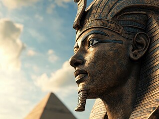 Ancient pharaoh statue with pyramid