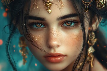 Woman with gold jewelry and freckles