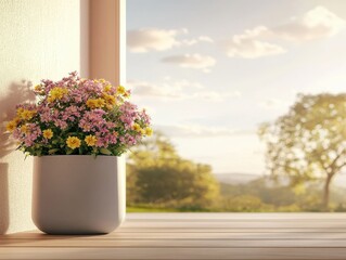 Flowers in pot on porch in summer