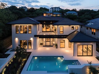 Modern house exterior at dusk