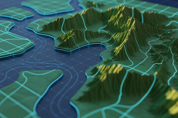 Hyperrealistic 3D topographic map with glowing cyan roads over lush green mountains and deep blue waterways in dramatic lighting

