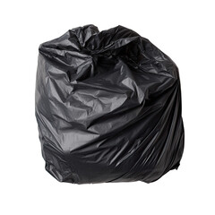 A full, dark-grey plastic garbage bag sits on a white background, its top tightly gathered and slightly rumpled, suggesting it's heavy with waste