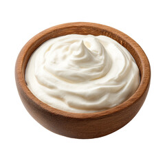 Creamy white dairy product in a rustic wooden bowl, showing swirls and texture; smooth, thick consistency