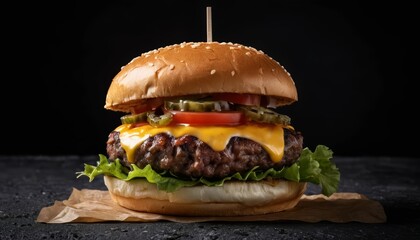 Close-up of a delicious cheeseburger with beef patty, lettuce, tomato, cheese, pickles, and bun on a dark background. Perfect for food, fast food, or restaurant-themed projects.
