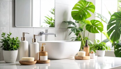 Modern Bathroom Design with Lush Greenery and Minimalist Decor