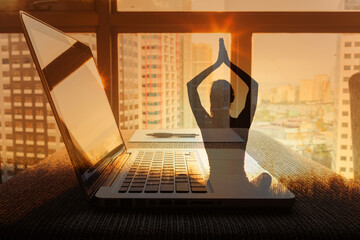 Work life balance. Woman meditating in a city office work environment. Stress control, Psychology freedom, calm state mind concept 