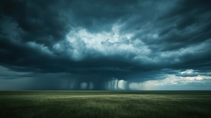 Fototapeta premium Dramatic storm clouds unleash rain over a vast green field. Moody weather.