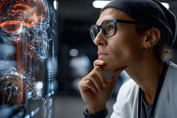 Focused scientist analyzing futuristic ai brain model in high-tech laboratory setting