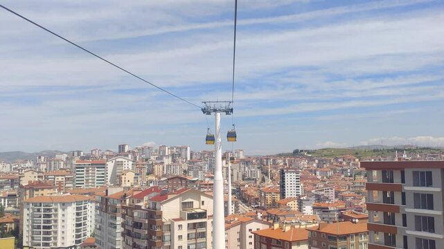 The footage of the cable car installed in the city and moving above the buildings.