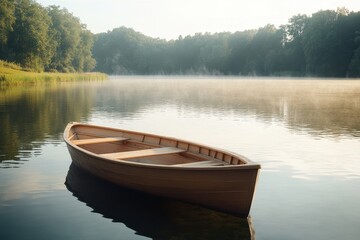 Rowboat on lake at dawn