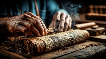 Craftsmanship in rolling premium cigars by hand with Cuban tobacco leaves