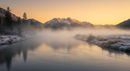 Fototapeta premium Mountain River Foggy Landscape