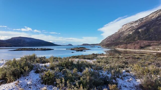 Lapataia Bay In Ushuaia Tierra Del Fuego Argentina. Amazing Countryside Scenery Near Farm And Forest Trees. Snowing Day Tourism Glacial Landscape Exploring. Glacial Landscape Frosty Outdoor.