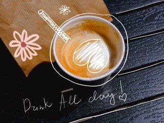 Minimalist coffee cup with hand-drawn illustrations 
