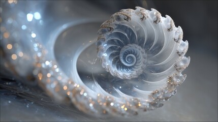 Infinite twisting spiral of translucent fractal forms with light refractions
