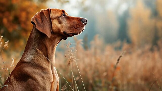 A Hungarian hound pointer vizsla enjoying the autumn scenery, sitting gracefully in a field surrounded by golden foliage and warm sunlight