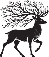 Deer silhouette vector illustration of a wild stag with antlers in nature drawing style