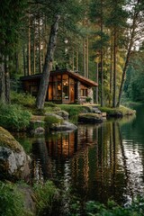 Obraz premium Contemporary Finnish forest cabin by a sparkling lake surrounded by tall trees