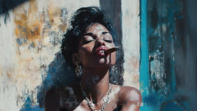 Oil Painting of Elegant Woman with Cigar, Eyes Closed, Jewelry, Moody Lighting, Against Textured Wall, Artistic Impression, Fine Art Portrait