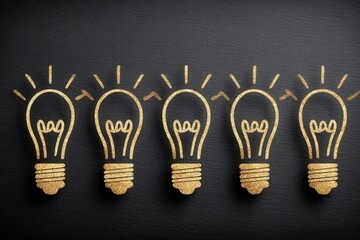 Five golden light bulb illustrations are arranged in a row against a dark background. Each bulb features stylized lines representing light beams, symbolizing creativity and innovation.