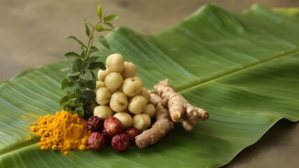 Ayurvedic herbs on banana leaf