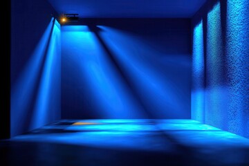 Dimly lit stage with vibrant blue lighting, creating a dramatic atmosphere for performances or events, dynamic visual cue.