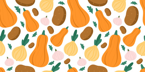 Pumpkin soup ingredients seamless vector pattern with butternut squash, potatoes, onions, garlic and herbs in flat cartoon style, ideal for autumn recipe illustrations, healthy food packaging.
