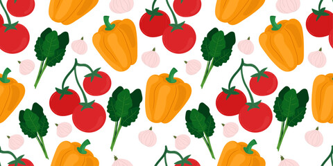 Vegetable seamless pattern with bell pepper, cherry tomato, spinach, and garlic in flat cartoon style. Perfect for healthy food packaging, vegetarian recipe books, kitchen fabric prints, eco-friendly 