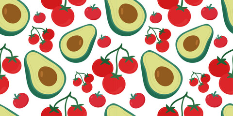 Vegetables pattern with avocado halves and red tomatoes including cherry tomatoes on vine, perfect for healthy food packaging, vegan branding, kitchen textiles, salad recipes.