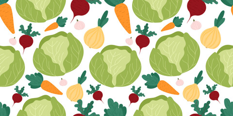 Borscht ingredients seamless vector pattern with cabbage, beetroot, carrot, onion, garlic and parsley in flat cartoon style, perfect for traditional Ukrainian recipe designs.
