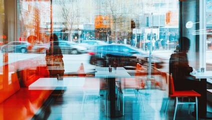 City cafe view through window. Blurred figures inside and outside, urban scene