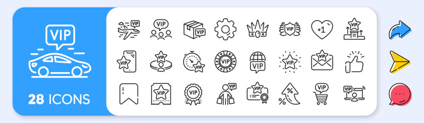 Vip line icons. Interest rate, AI generate, Inflation icons. Casino chips, very important person, delivery parcel. Certificate, player table, vip buyer icons. Vector