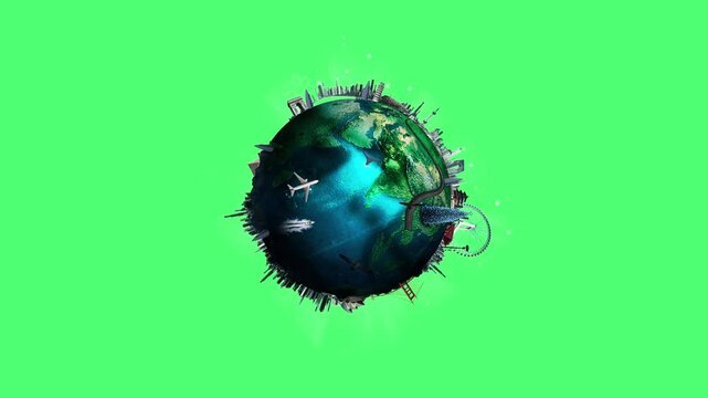 2D animation of a globe rotating in a centre against green screen background. A concept of world's environment and pollution. Buildings around globe, a sea in center, a cruise and a plane flying. 4k