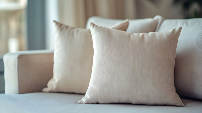 un sillon o sofa color claro con cojines decorativos elegantes sobrios minimalistas dentro de una sala comoda y tranquila