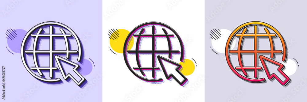 Poster globe with mouse cursor line icon. halftone dotted pattern. gradient icon with grain shadow. world o