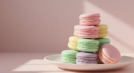 Pastel Macarons on White Plate with Pink Background

