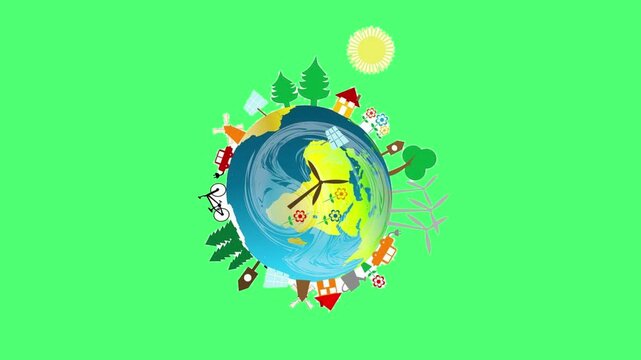 2D animation of a globe rotating in a centre against green screen background. A concept of a city lifestyle. A cartoonish appearence of sun, school, trees, solar panel, wind turbine. kids stuff. 4k