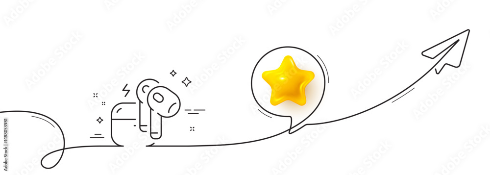 Poster headset line icon. continuous line with share plane. mobile accessories sign. earphones or headphone