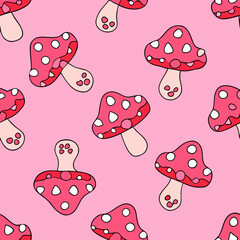 Pink Seamless Pattern with Cute Cartoon Mushrooms