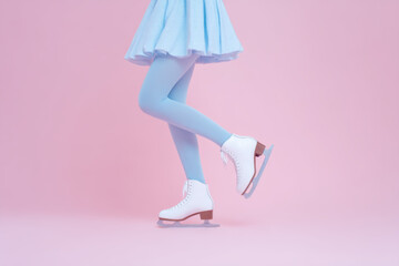 A girl wearing a blue skating dress and light blue tights skates elegantly on an ice rink. The backdrop is a soft pink, contrasting beautifully with her outfit