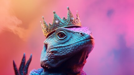 NFT lizard king with neon crown pastel background space
