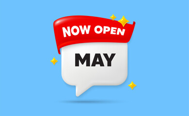 May chat speech bubble. Now open flag ribbon. May month icon. Event schedule May date. Meeting appointment planner. 3d sparkle stars speech bubble. Vector