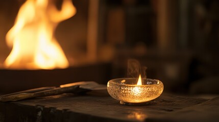 Close-up of a glass bowl candle with a flame in a dimly lit blacksmith workshop.