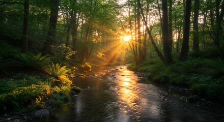 Obraz premium Forest River at Sunset