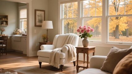 Cozy living room interior featuring a comfortable armchair, roses, and autumnal scenery
