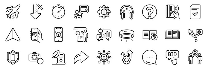 Fototapeta premium Headphones, Education and Manual doc line icons pack. Share, Message, Paper plane icons. Question mark, Led lamp, Recovery photo web icon. Seo gear, Augmented reality, Checked file pictogram. Vector