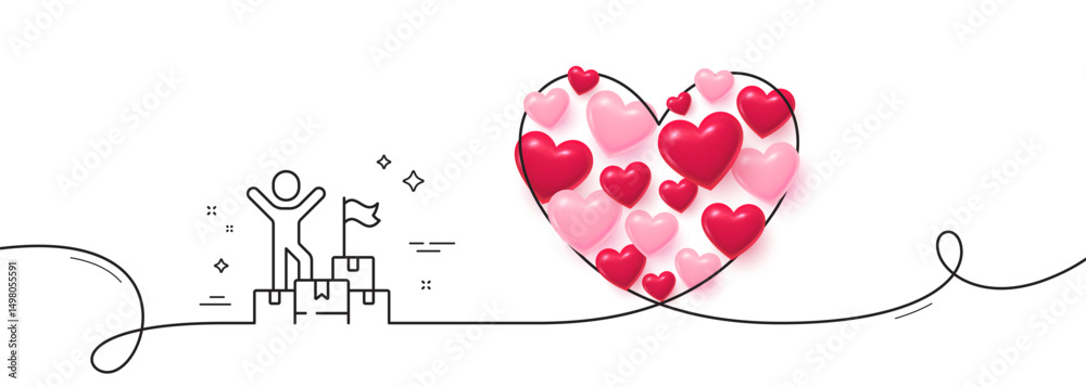 Poster delivery man line icon. continuous line big heart. courier with packages sign. things deliver symbol