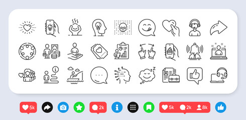 Difficult stress, Woman love and Move gesture line icons pack. Social media: share, comment, like icons. Consultant, Support, Sleep web icon. Vector