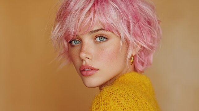 Chic model showcases playful pastel pink pixie haircut with tousled waves in urban setting