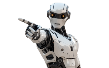 Robot with a pointing finger is standing on a white background